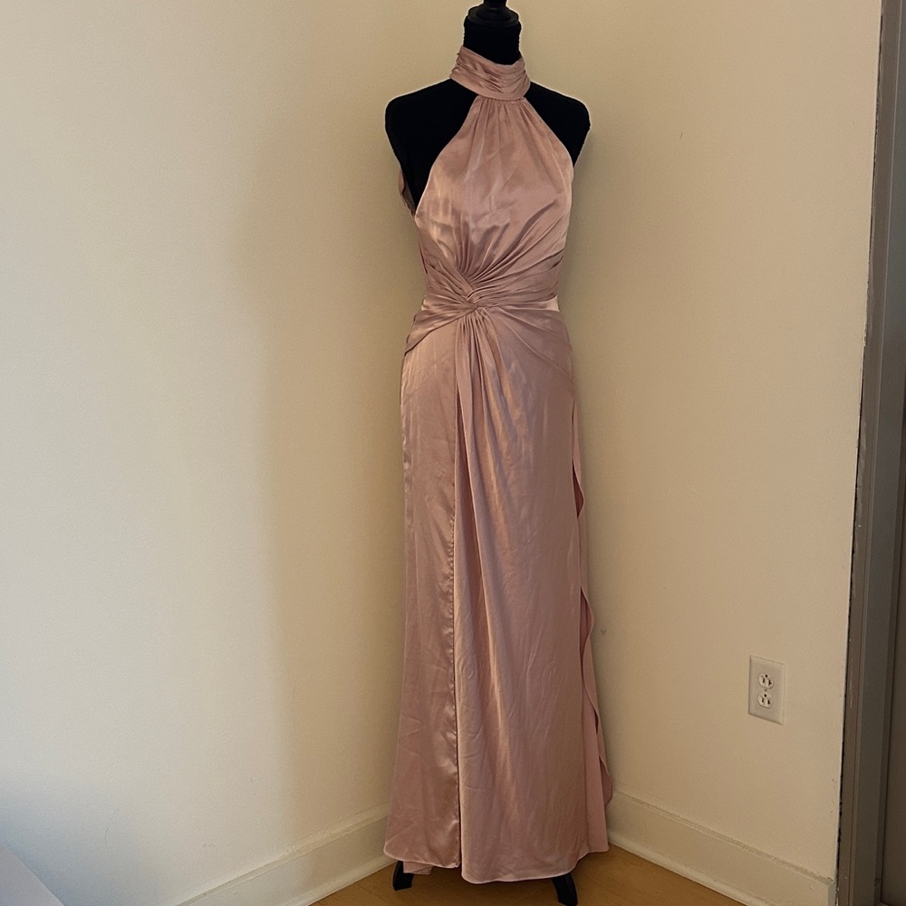 One-Shoulder Satin Evening Gown in Blush Pink